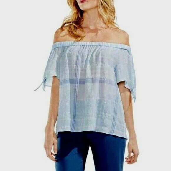 Vince Camuto Womens Top Size Large Plaid Off the Shoulder Sheer Crinkle Gauze - Picture 1 of 5
